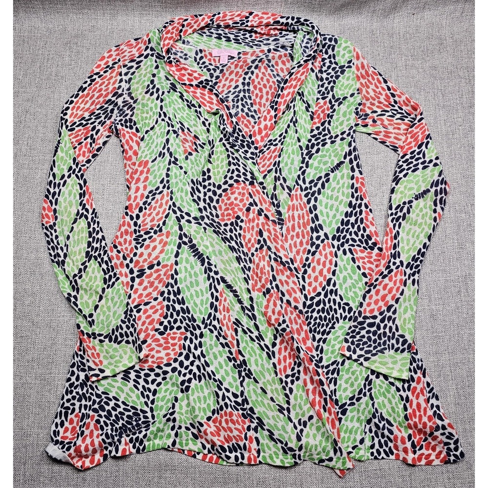 Lilly Pulitzer Cardigan Womens Small Leaf Print Open Front Long Sleeve Knit